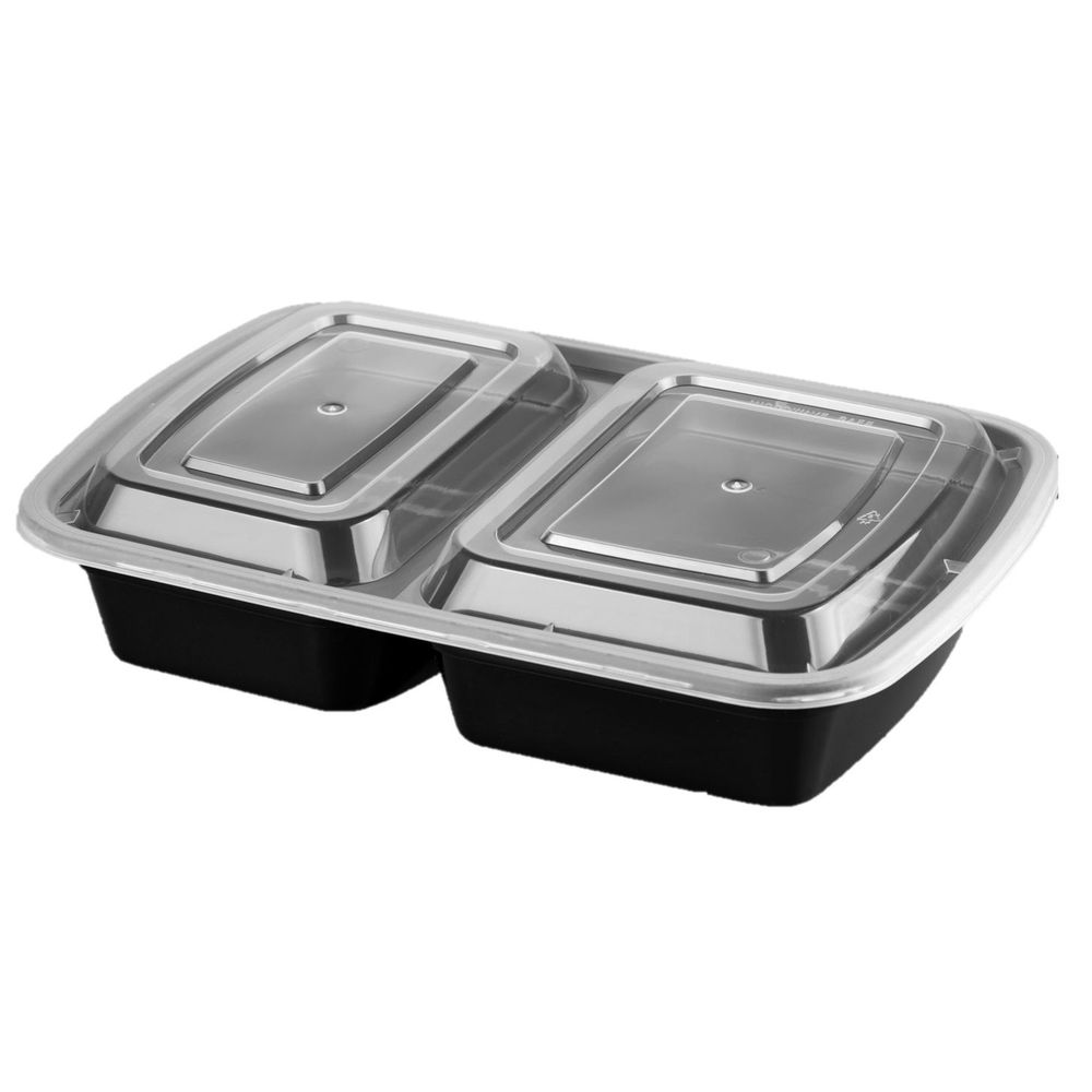 Black Base Rectangle Two Compartment Takeout Container with Clear Lid
