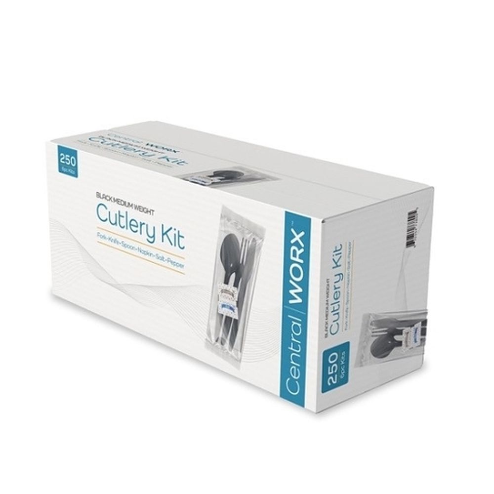 Central Worx Black Medium Weight Cutlery Kit, 250 Count