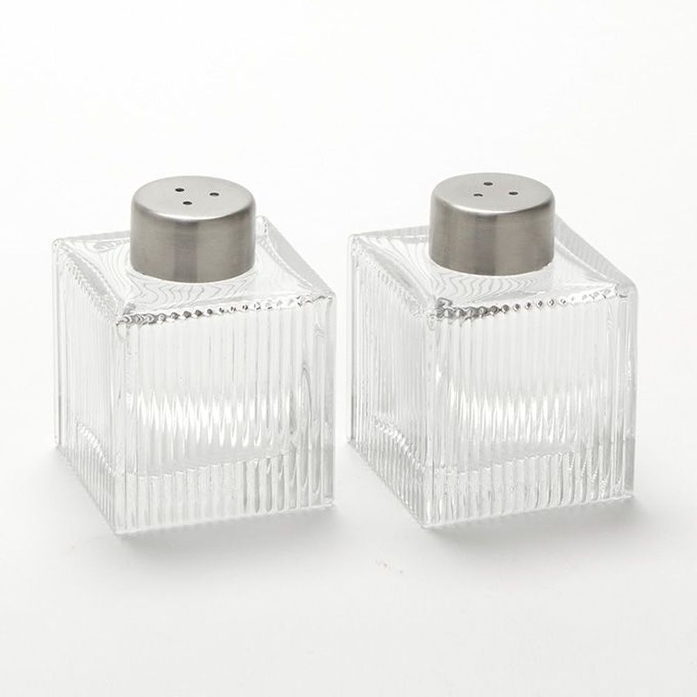 American Metalcraft Clear Glass 2 Ounce Ribbed Square Salt And Pepper Shaker Set With Stainless Steel Top, 2 X 2 X 2-1/2 Inch