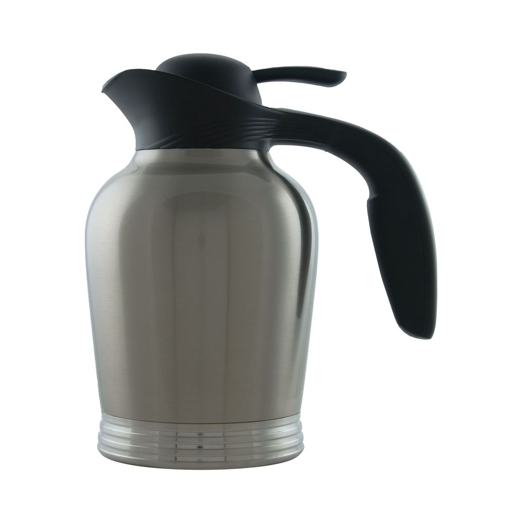 Service Ideas Ergoserv Stainless Vacuum Insulated Carafe With Brushed Stainless And Black Finish Push Button Lid, 1 Liter Capacity
