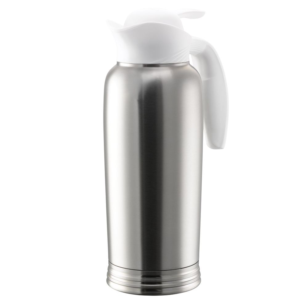 Service Ideas Ergoserv Stainless Vacuum Insulated Creamer With Brushed Stainless And White Finish Push Button Lid, 1 Liter Capacity