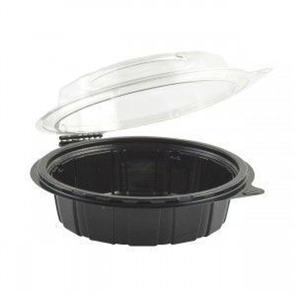 RPET Shallow Black Base Clear Tear-Away Dome Round Hinged Container