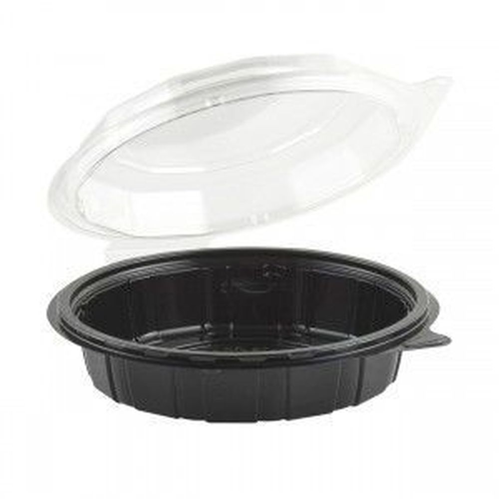 Gourmet Classics RPET Round Shallow Black Base with Clear Cold Anti-Fog Tear-Away Hinged Lid Container
