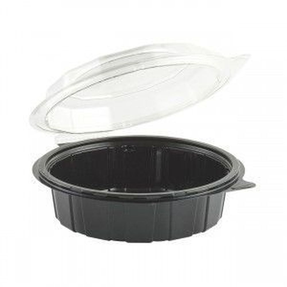 Gourmet Classics RPET Round Black Base with Clear Cold Anti-Fog Tear-Away Hinged Lid Container
