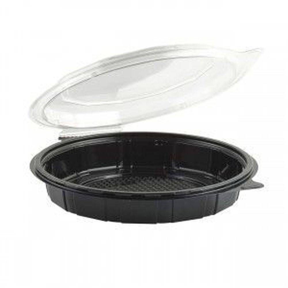Gourmet Classics Round Shallow Black Base with Clear Cold Anti-Fog Tear-Away Dome Lid Hinged Container