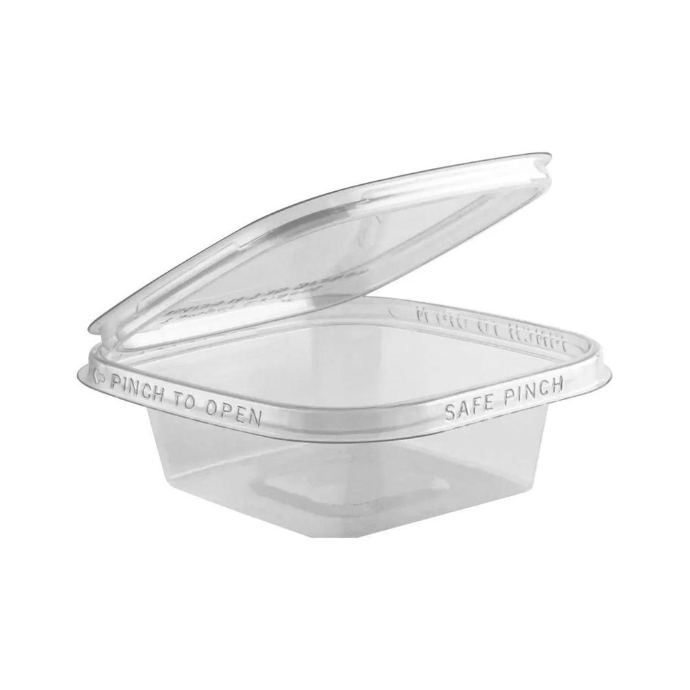 Safe Pinch RPET Square Clear Tamper Evident Hinged Container 6 Ounce