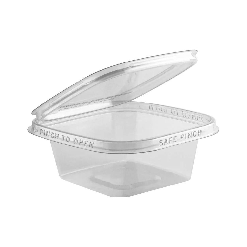 Safe Pinch RPET Square Clear Tamper Evident Hinged Container 8 Ounce