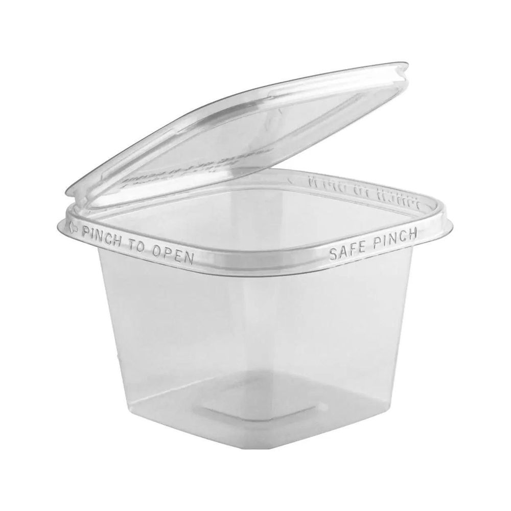 Safe Pinch RPET Square Clear Tamper-Evident Hinged Container 16 Ounce