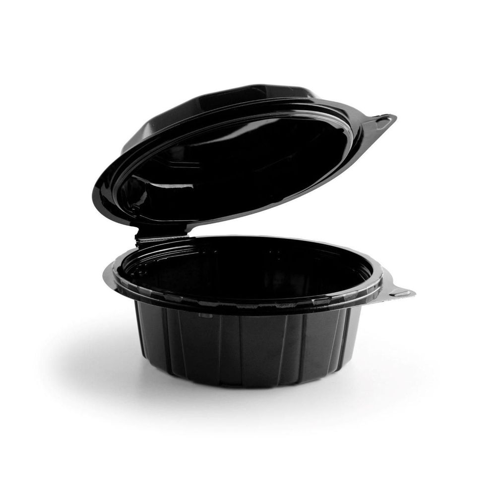 Deep Black Base Round Hinged Container with Tear-Away Lid
