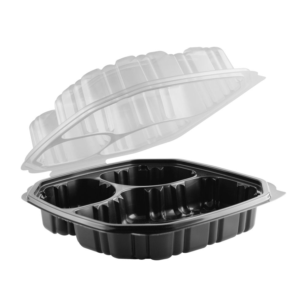 Polypropylene Microwavable 3-Compartment Black Base Hinged Container 9 inch