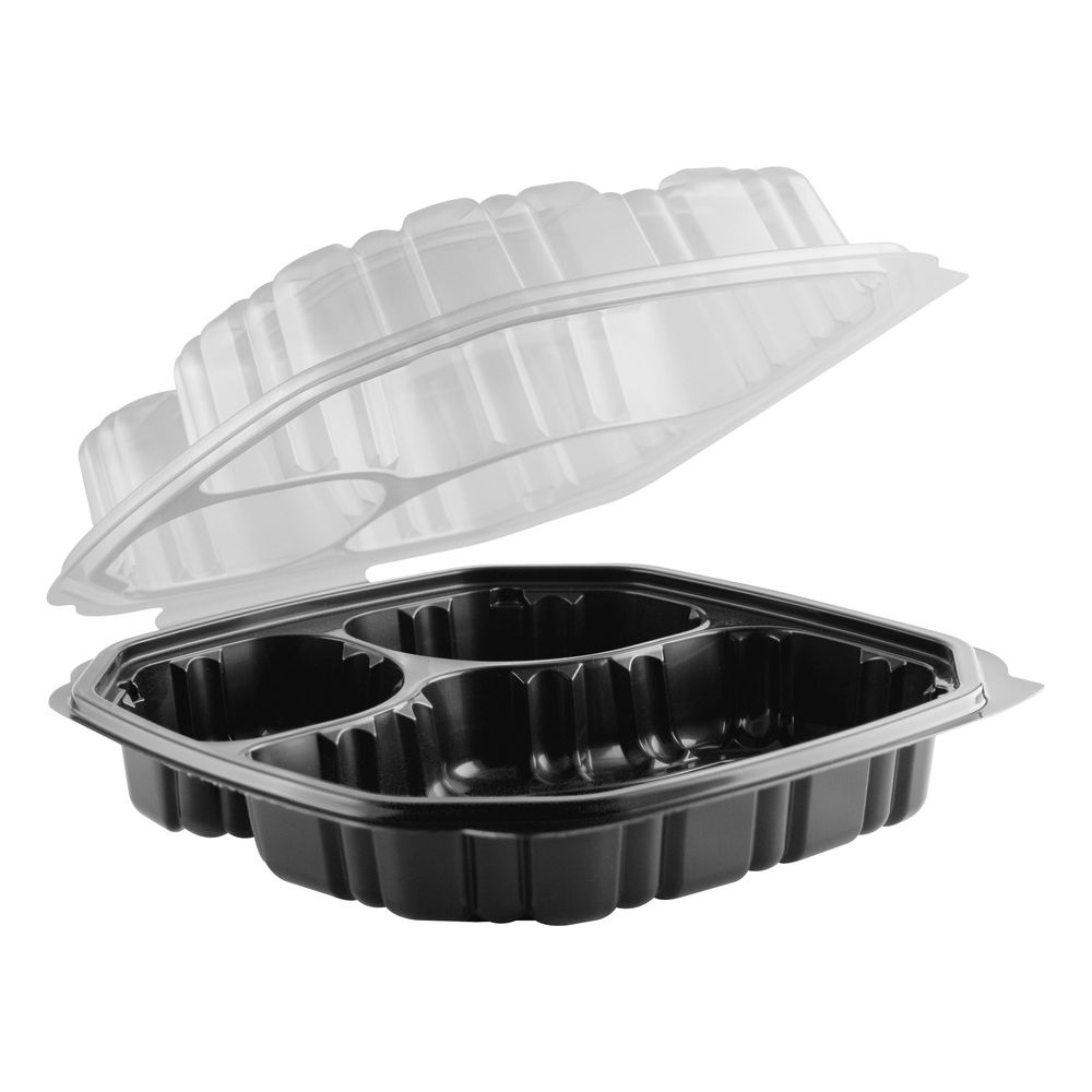 Polypropylene Microwavable Three Compartment Black Base Hinged Container