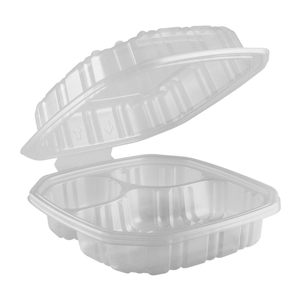 Microwavable Clear Polypropylene 3 Compartment Hold-Lift Lid Hinged Container