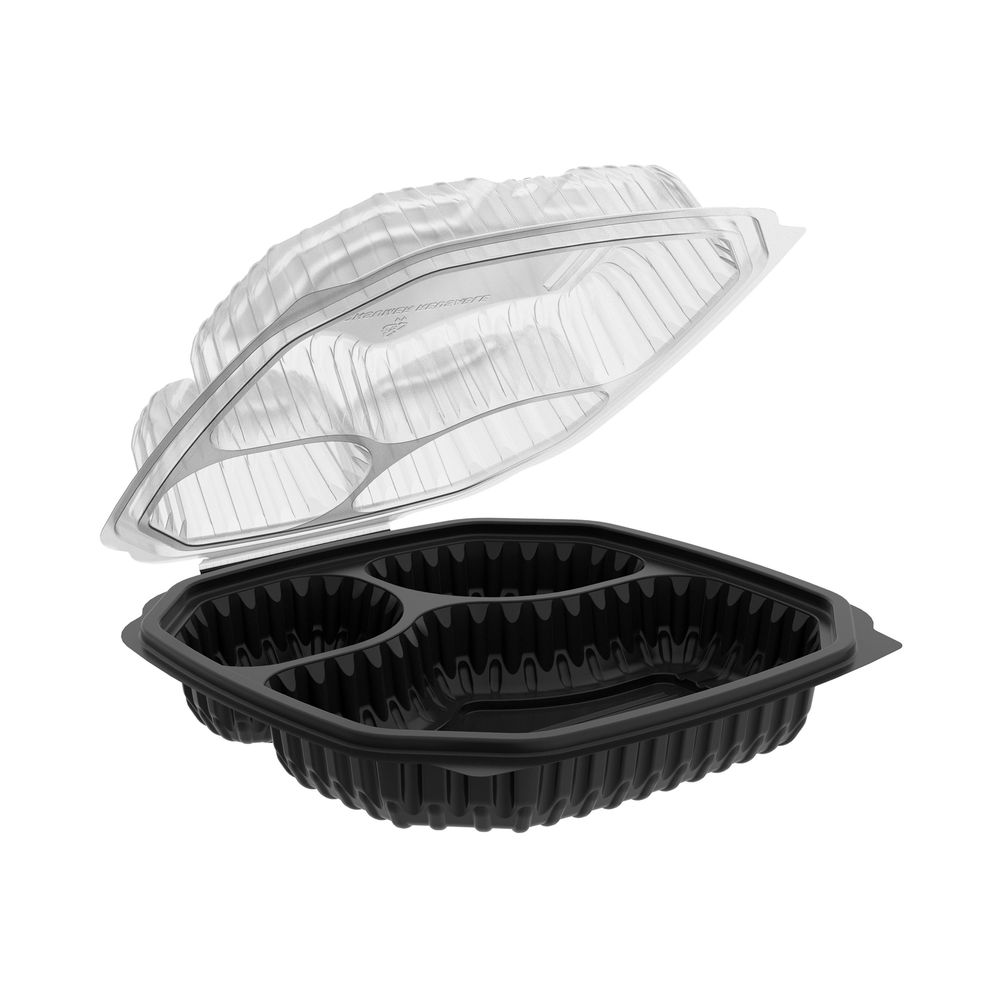 Culinary Lites Polypropylene Microwavable Black Base 3-Compartment Hinged Container