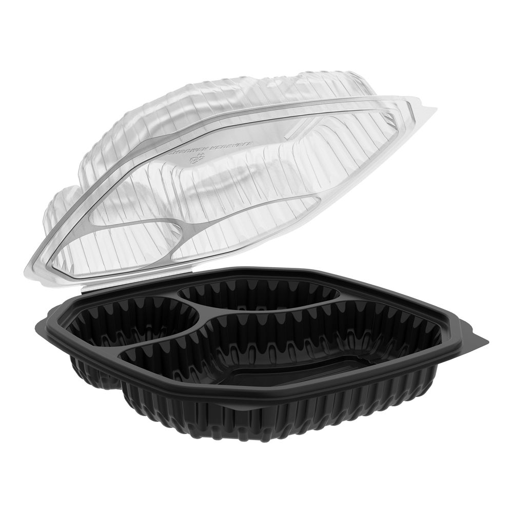 Culinary Lites Polypropylene Microwavable Black Base 3-Compartment Hinged Container with Clear Lid