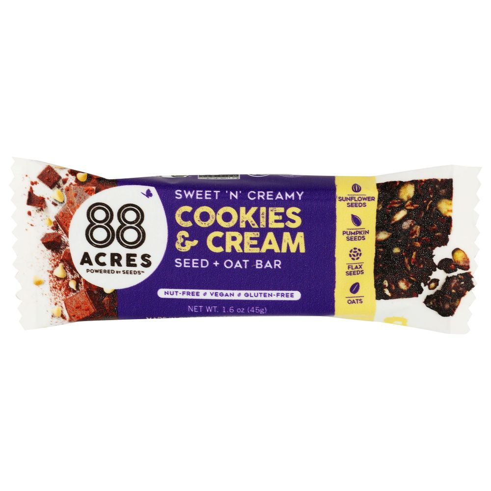 88 Acres Cookies And Cream Seed Plus Oat Bar, 1.6 Ounce -- 9 Per Case