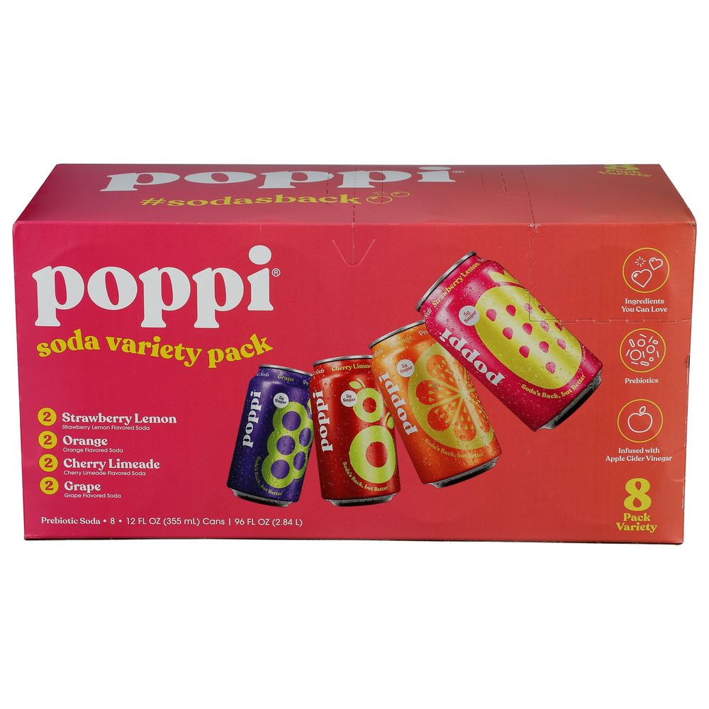 Poppi 4 Flavors Prebiotic Soda - Variety Pack, 12 Fluid Ounce -- 24 Per Case