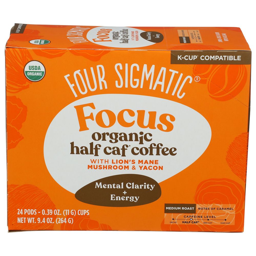 Four Sigmatic Organic Focus Medium Roast Half Caf K Cup Coffee Pods, 24 Count -- 4 Per Case
