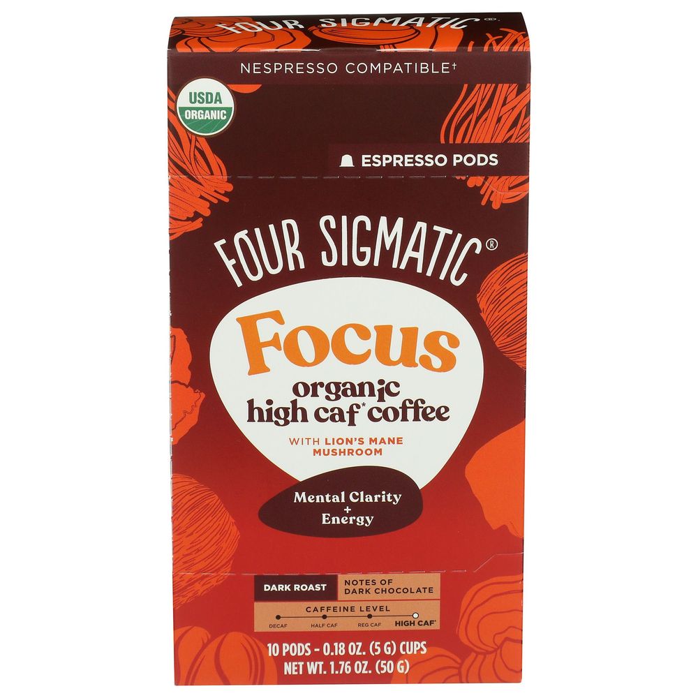 Four Sigmatic Organic Focus Dark Roast High Caf Coffee Espresso Pods, 1.76 Ounce -- 9 Per Case