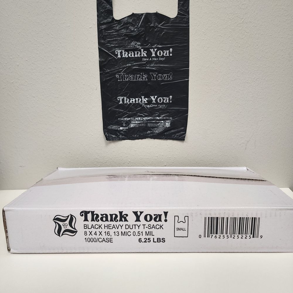 Pinnacle Plastics Thank You Print Black Heavy Duty Plain T-sack, 12 Pound Capacity -- 1000 Per Case