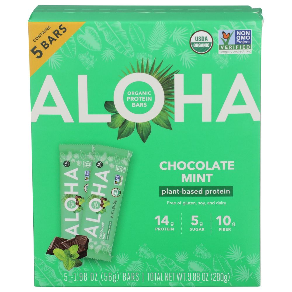 Aloha Organic Plant-based Chocolate Mint Protein Bar, 1.98 Ounce -- 30 Per Case