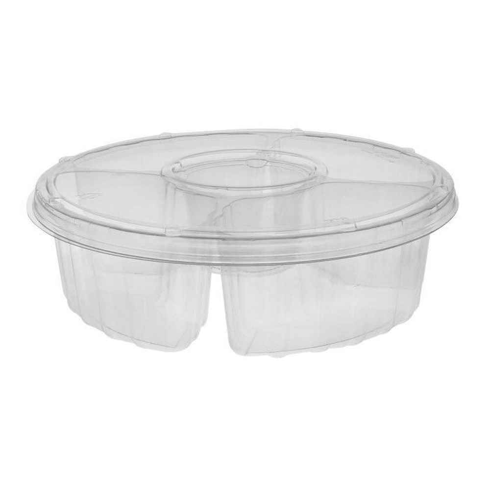 Evergreen Clear Plastic 4-Compartment Round Platter with Dip Cup and Lid