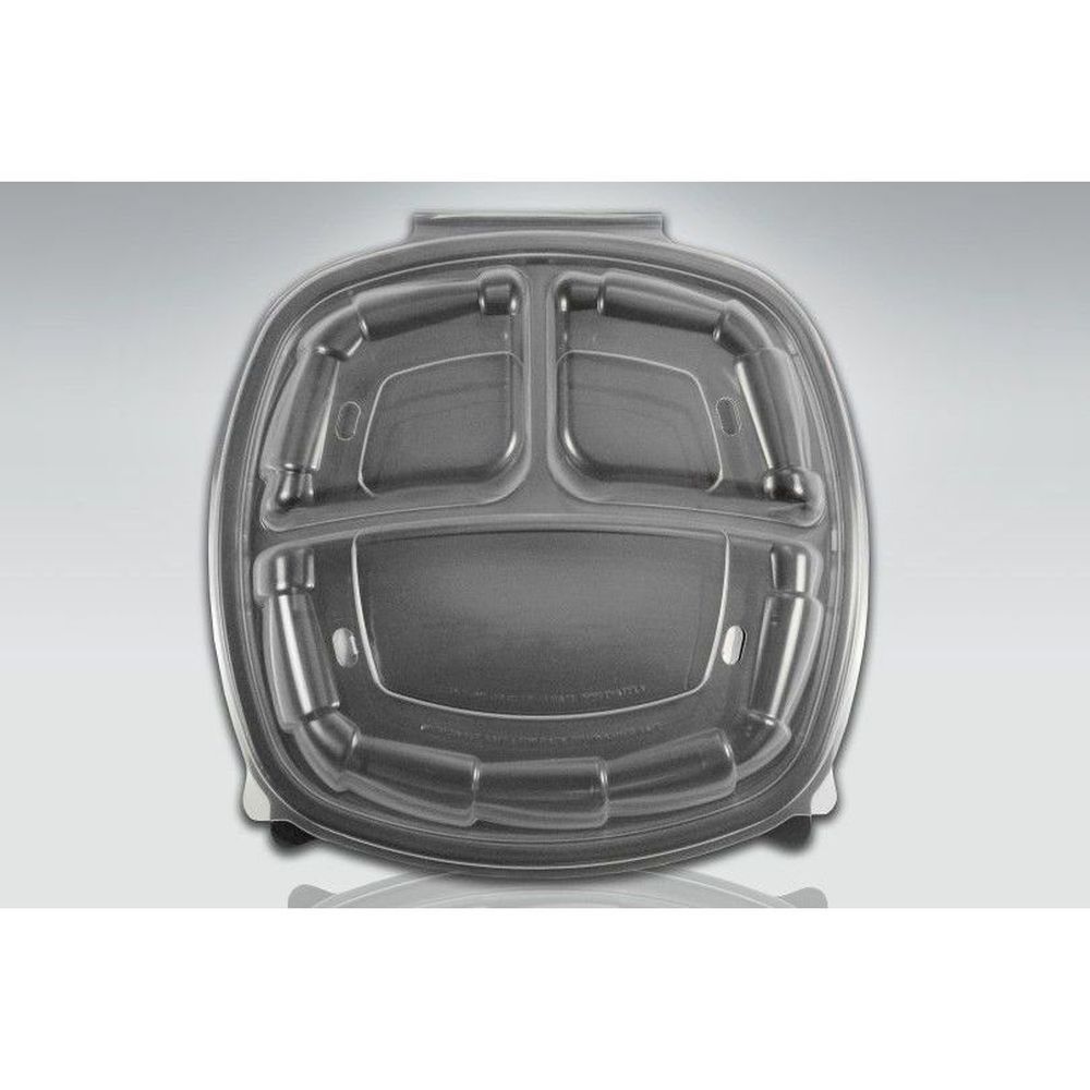 Black Base Rigid 3 Cell Carry Out Container with Clear Lid