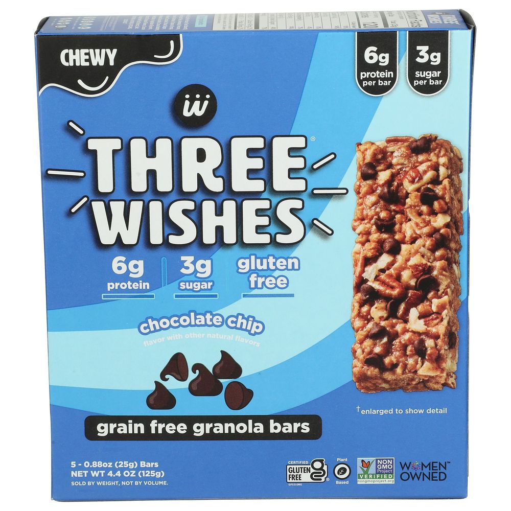 Three Wishes Chocolate Chip Grain Free Granola Bar, 4.4 Ounce -- 12 Per Case