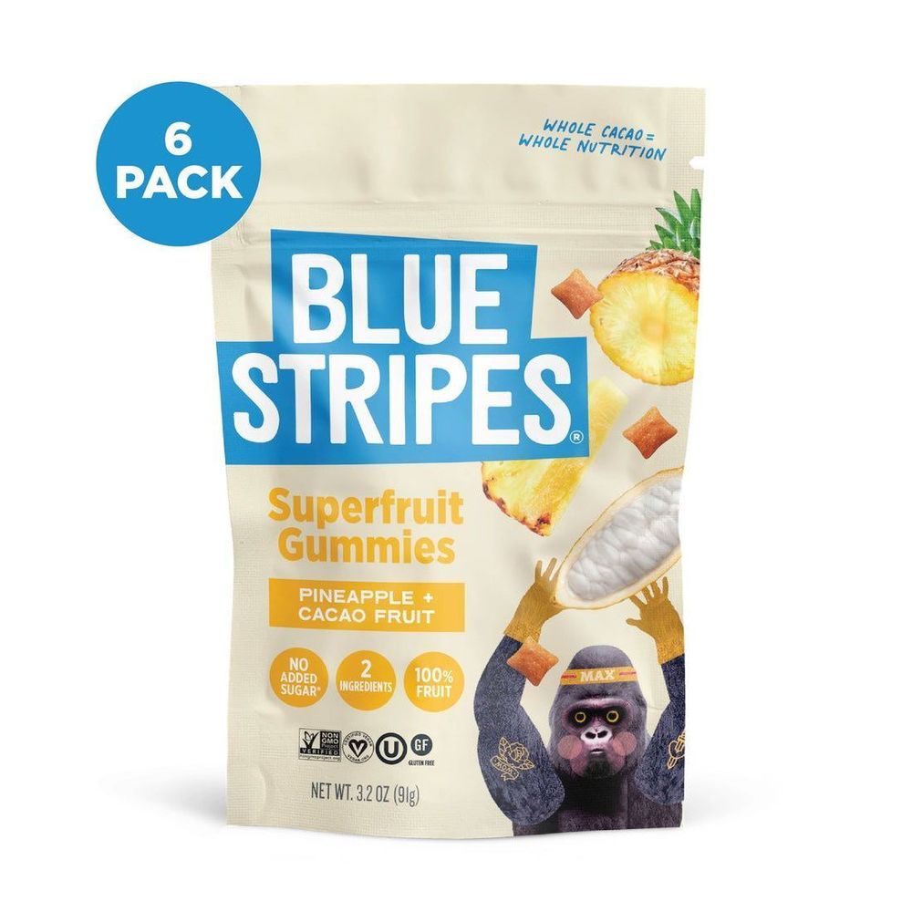Blue Stripes Pineapple Plus Cacao Fruit Superfruit Gummies, 3.2 Ounce -- 6 Per Case