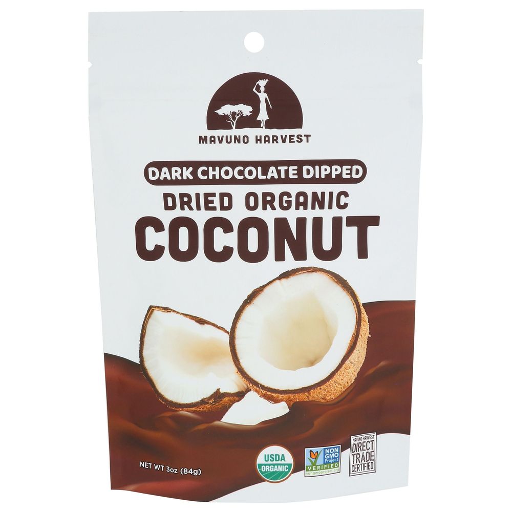 Mavuno Harvest Organic Dark Chocolate Dipped Dried Coconut, 3 Ounce -- 6 Per Case