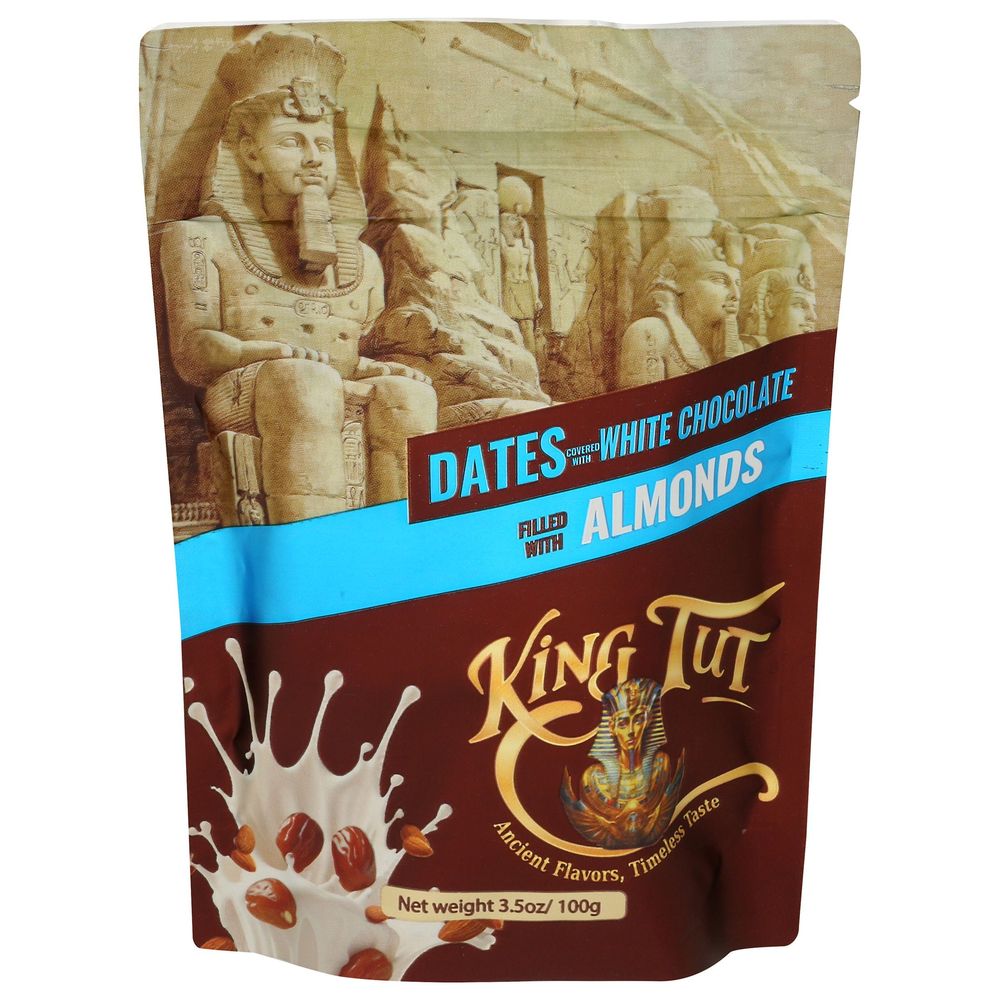 Dates Covered with White Chocolate and Filled with Almonds
