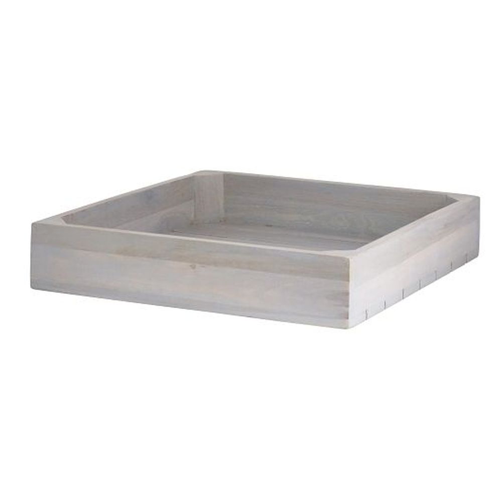 Fusion Buffet Grey Wash Teak Wood Square Flat Basket, 14 x 14 inch