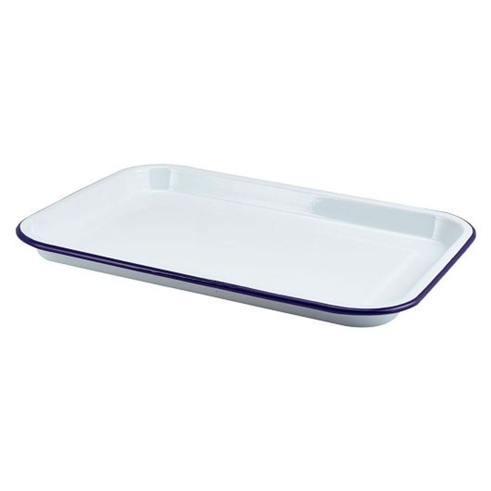 Genware White With Blue Rim 13 Inch Metal Enamel Serving Tray, 6 Count