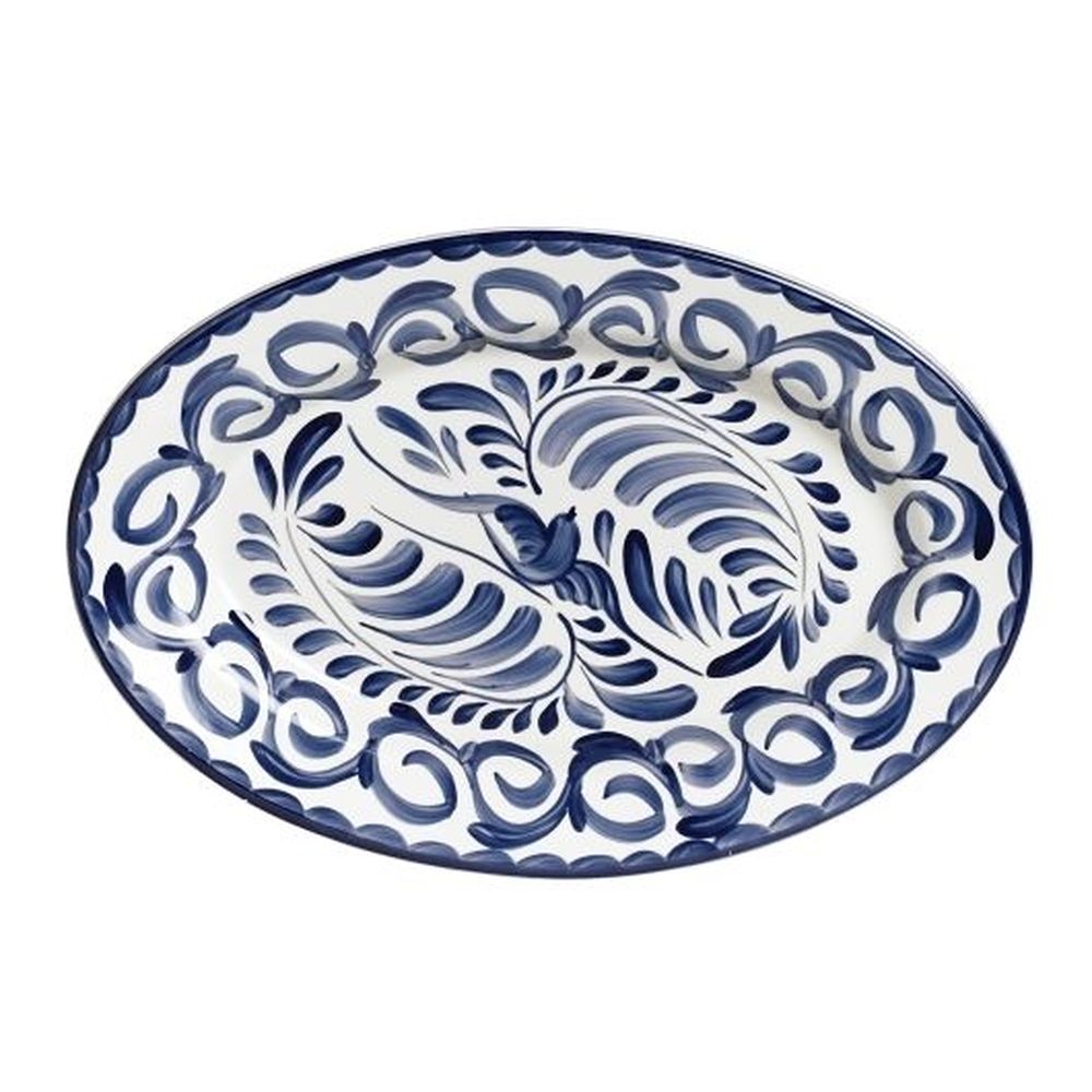 Anfora Puebla Alumina Vitrified 13.5 Inch Blue Oval Rolled Edge Platter, 12 Count