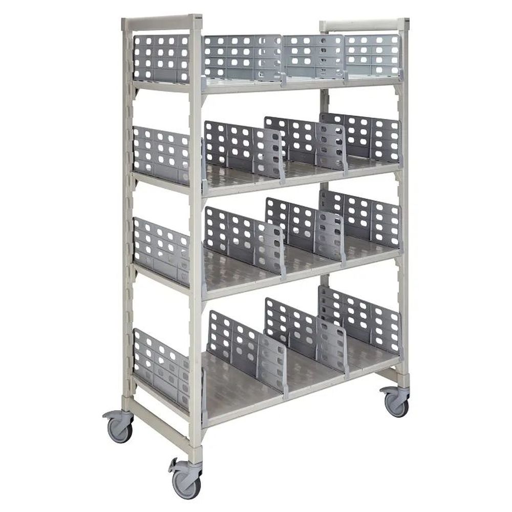Cambro Camshelving Premium Speckled Gray Polypropylene 4 Solid Shelves With Divider Panels Mobile Flex Station, 24 X 48 X 75 Inch