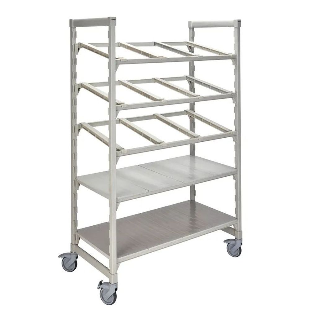 Cambro Camshelving Premium Speckled Gray Polypropylene 2 Solid Shelves And 3 Tiers With Angled Divider Bars Mobile Flex Station, 24 X 48 X 75 Inch