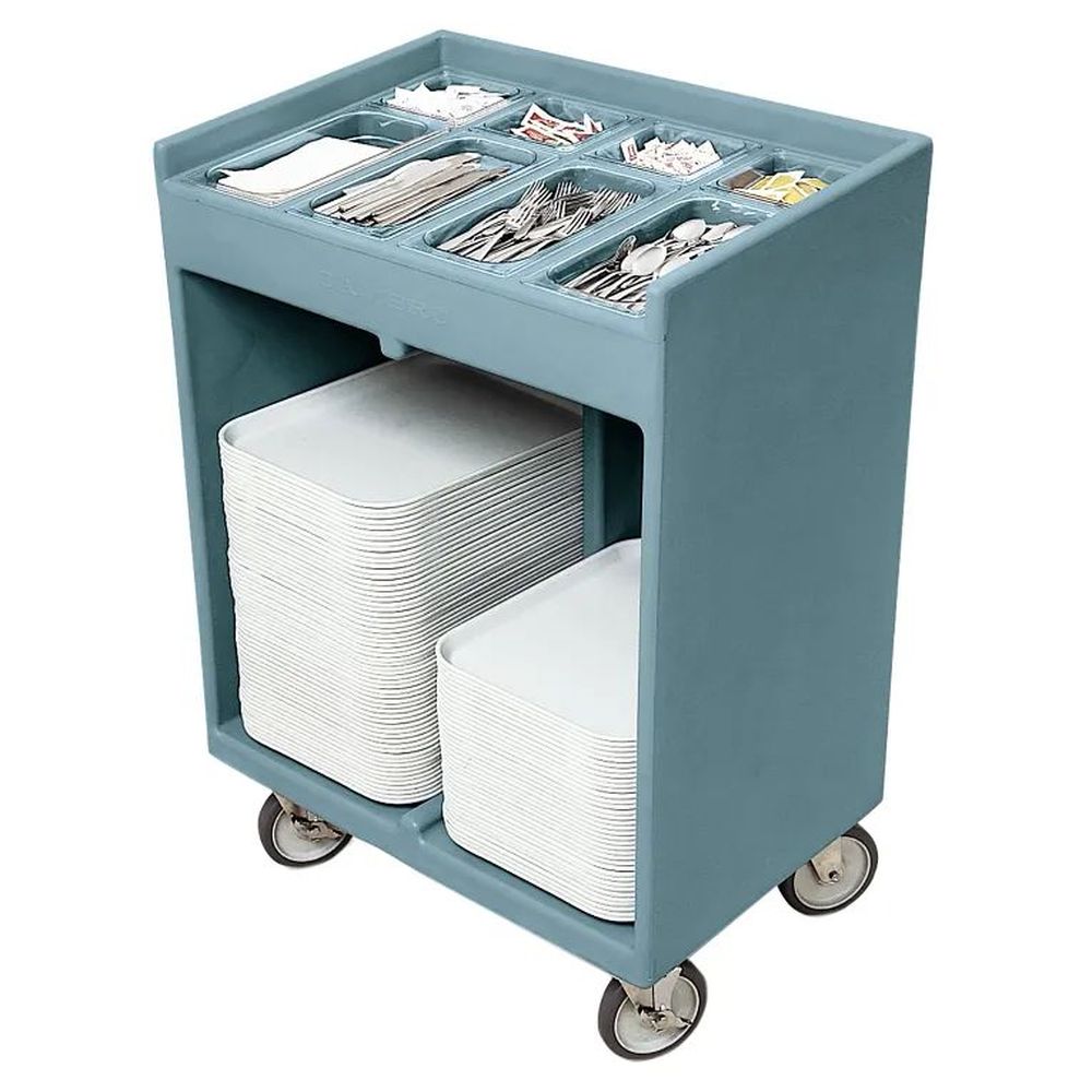 Cambro Slate Blue Tray And Silverware Cart With Pans And Vinyl Cover, 32 3/8 X 21 1/4 X 45 1/2 Inch