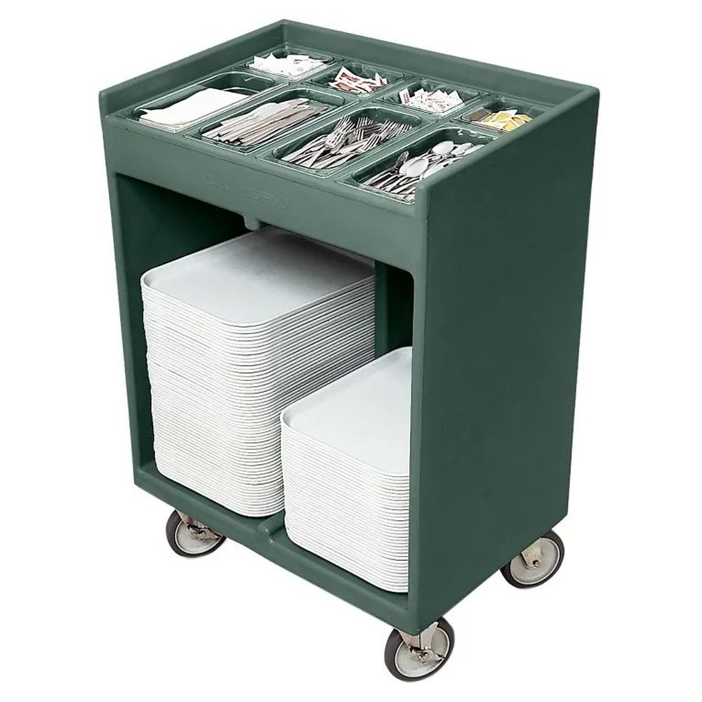 Cambro Granite Green Tray And Silverware Cart With Pans And Vinyl Cover, 32 3/8 X 21 1/4 X 45 1/2 Inch
