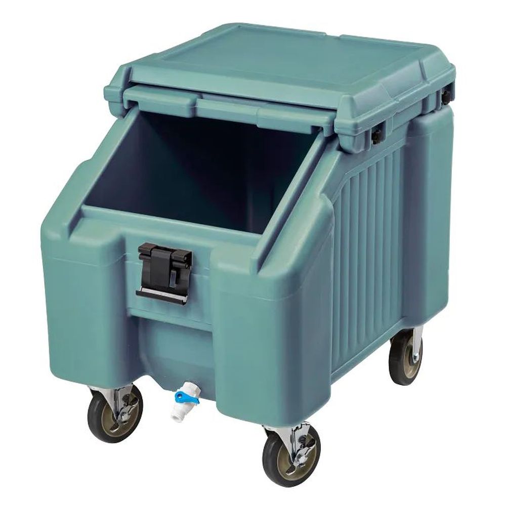 Cambro Slidinglid Slate Blue Standard Height Slant Top 100 Pound Ice Caddy With Swivel And Fixed Caster, 22 1?2 X 30 1?4 X 28 3?4 Inch