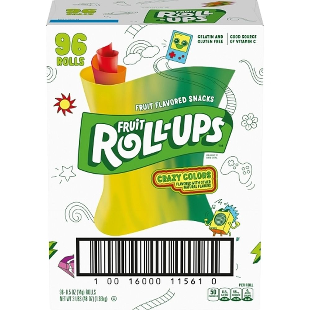 Fruit Roll-ups Crazy Colors Fruit Flavored Snacks, 0.5 Ounce -- 96 Per Case