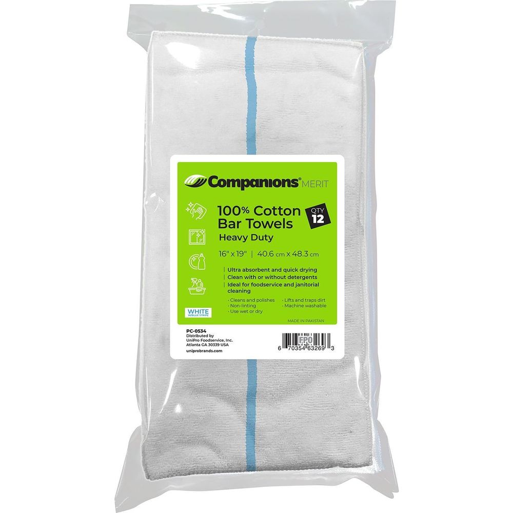 Companions 16 X 19 Inch White With Blue Stripe Heavy Duty Cotton Bar Towel, 12 Count -- 24 Per Case
