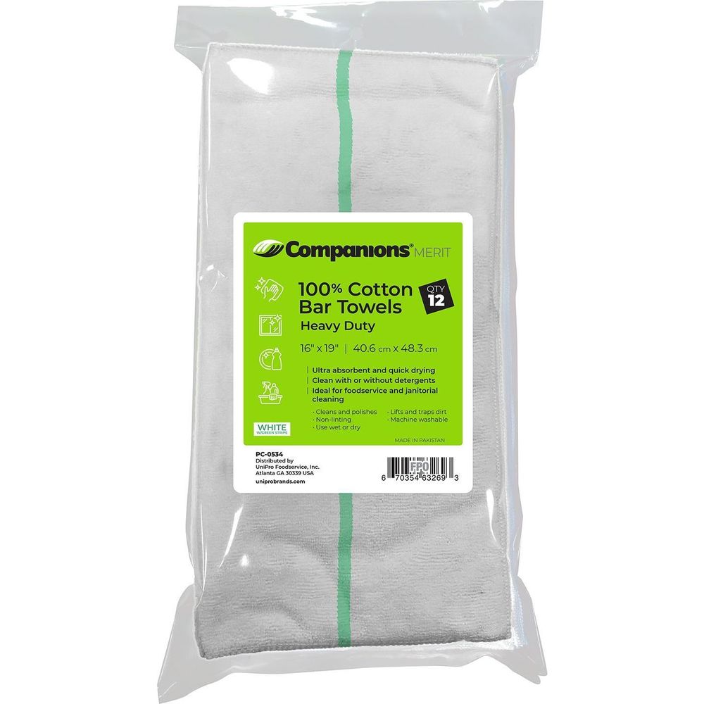 Companions 16 X 19 Inch White With Green Stripe Heavy Duty Cotton Bar Towel, 12 Count -- 24 Per Case