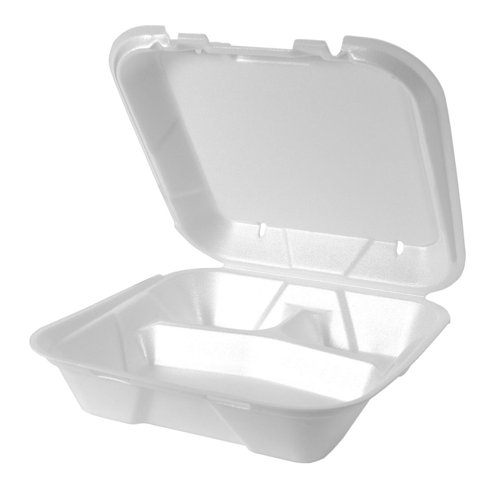 Snap It Lock White Foam 3 Compartment Square Lock Vented Hinged Container