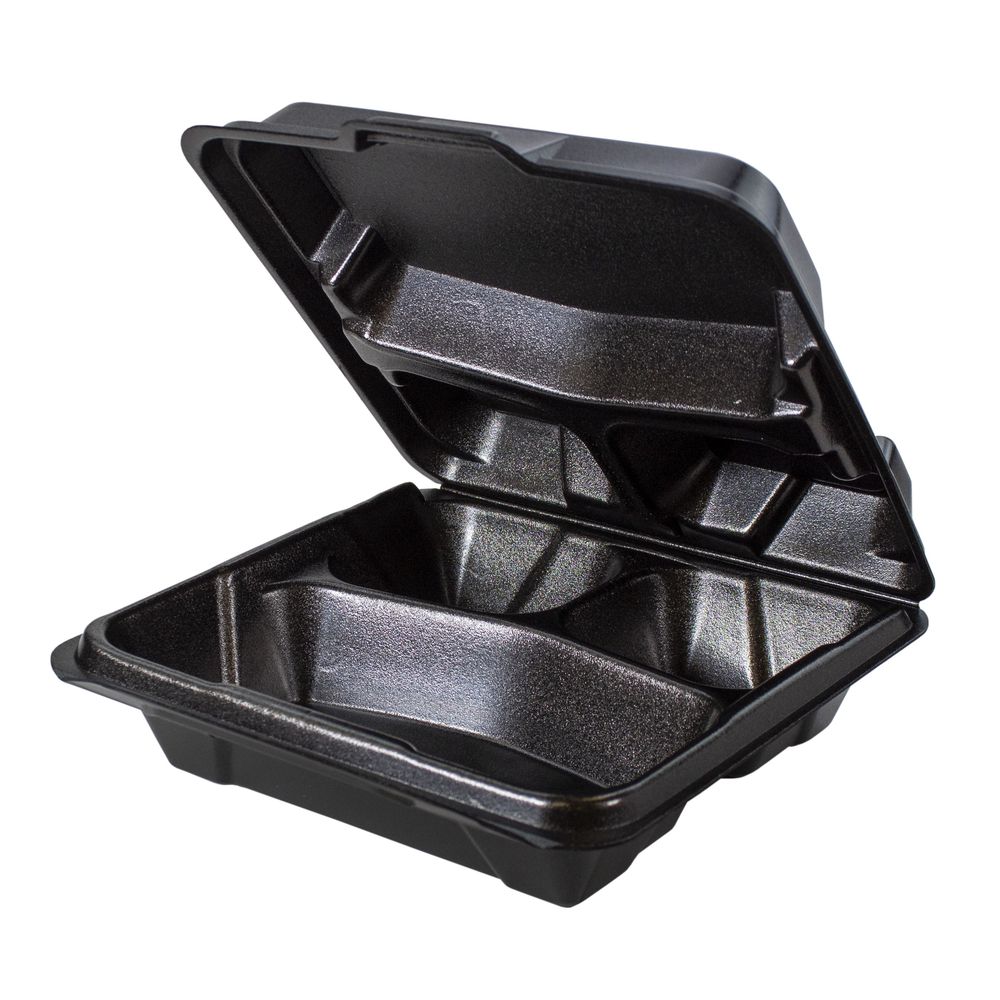 Black Large 3 Compartment Hinged Foam Container