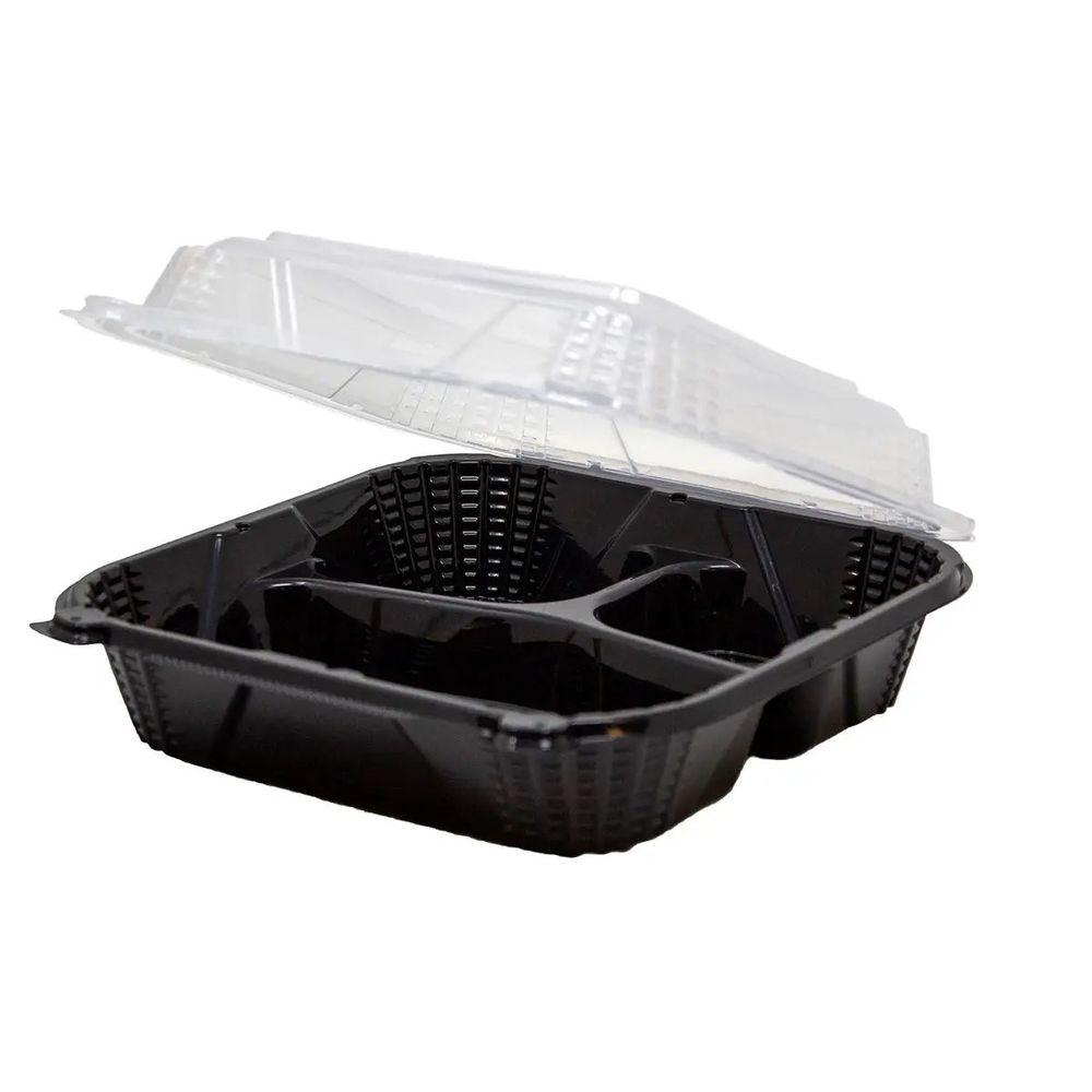 ProView Black / Clear Polypropylene Medium 3 Compartment Close-Off Hinged Container