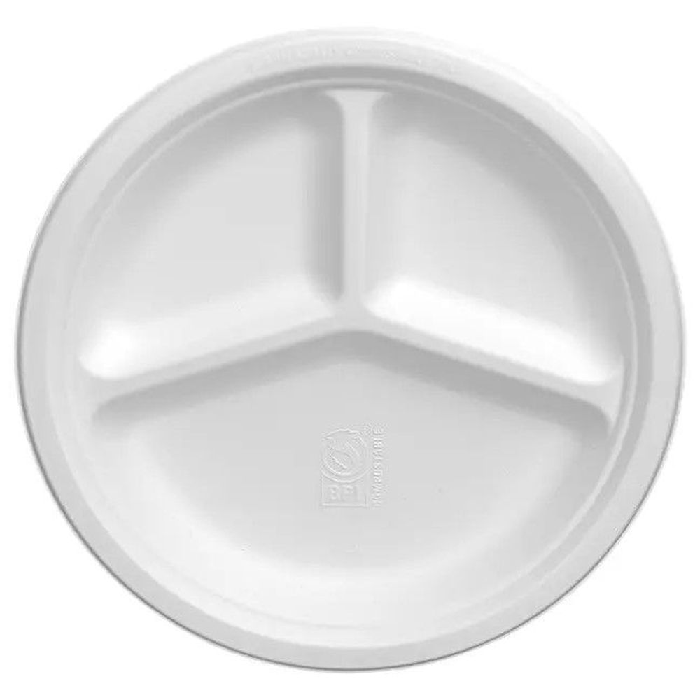 Harvest Molded Fiber Natural White PFAS Free Round 3-Compartment Plate
