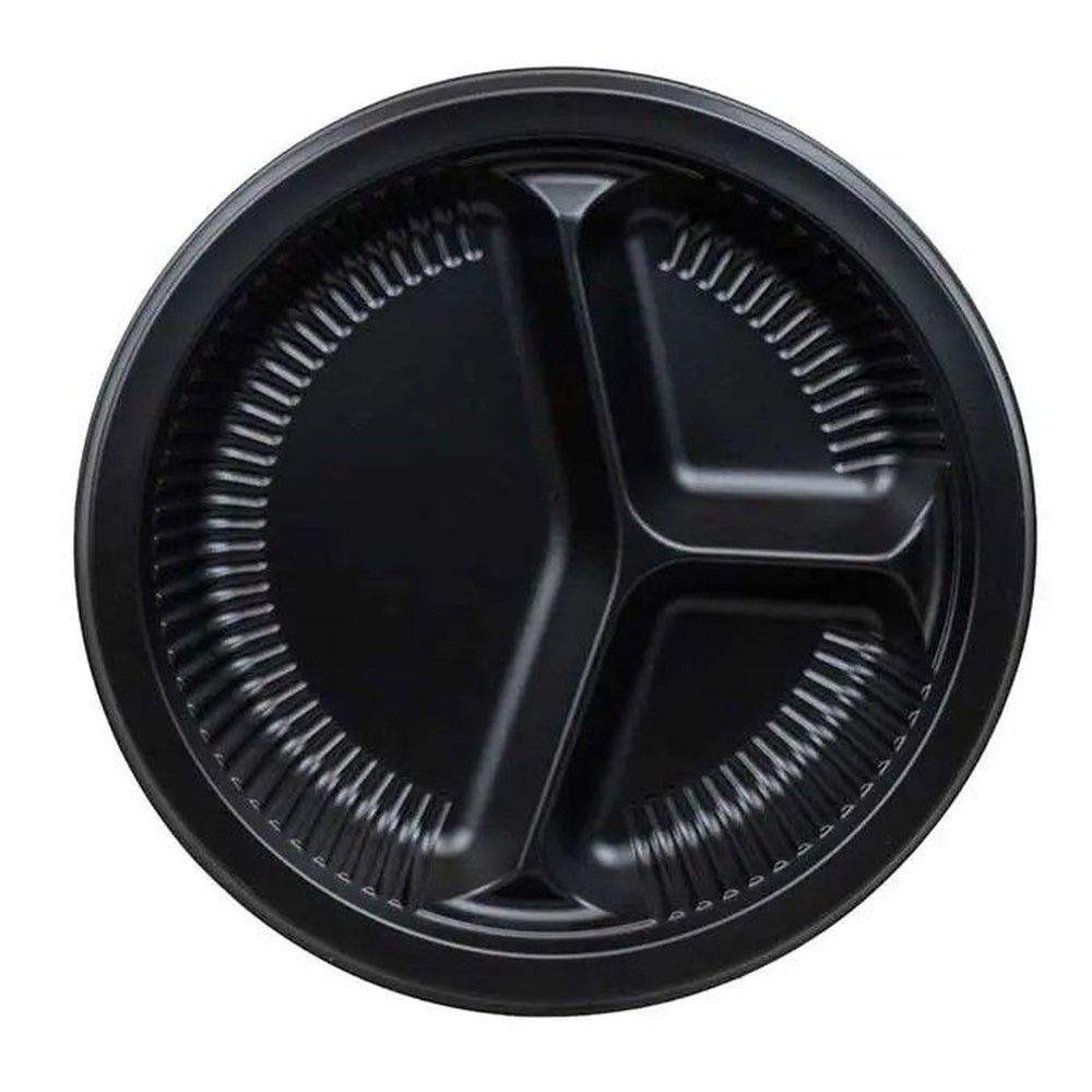 Black 3 Compartment Round Ribbed Plate