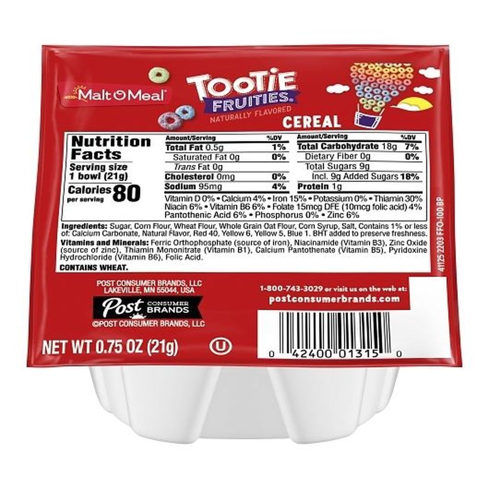 Malt-o-meal Single Serve Tootie Fruities Bowl Pack Cereal, 0.75 Ounce -- 96 Per Case