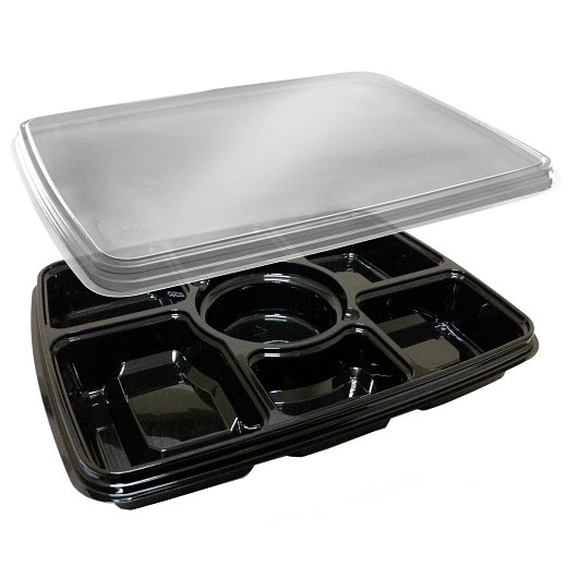 D&w Fine Pack 96 Ounce Black Rectangular 6-compartment Pet Tray With Dip Cup And Lid, 60 Count