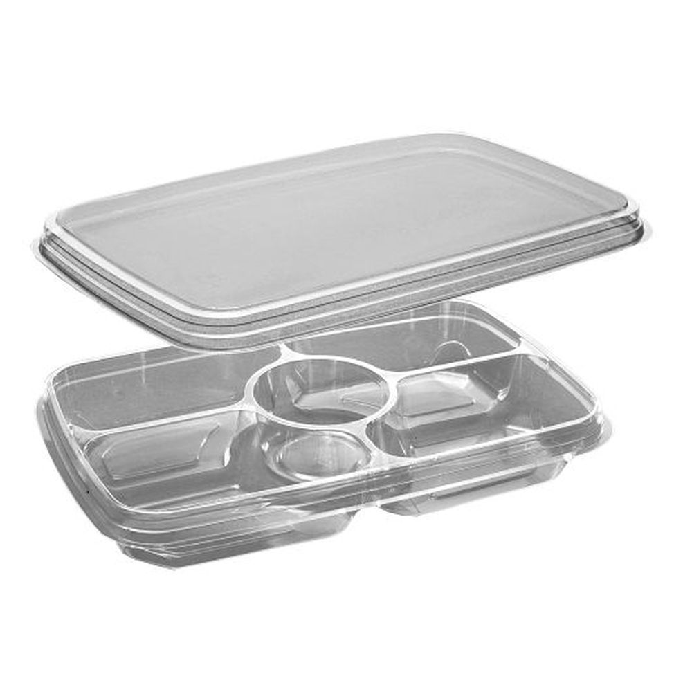 D&w Fine Pack Pet 48 Ounce Clear Rectangular 4 Compartment Tray With Dip Cup And Flat Lid, 100 Count