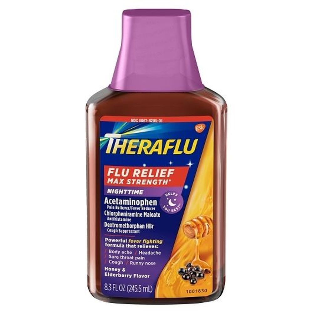 Theraflu Max Strength Honey And Elderberry Flavor Nighttime Flu Relief Syrup, 8.3 Ounce -- 24 Per Case